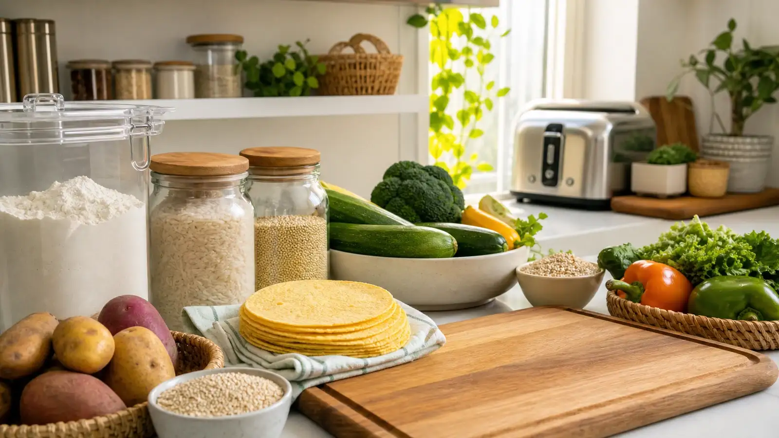 Gluten-free kitchen prep station with grains, vegetables, and dedicated cooking tools