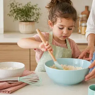 ילד צעיר מערבב רכיבים בקערה עם השגחת מבוגר קרובה