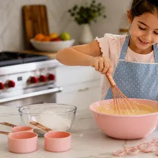 ילדה טורפת בלילה עם כלי מדידה על משטח מטבח משפחתי