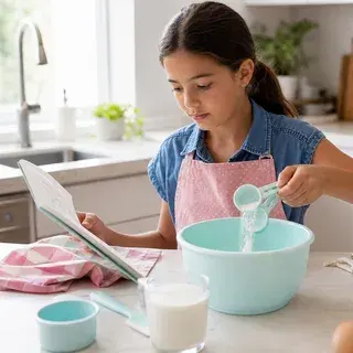ילדה בוגרת קוראת מתכון ומודדת רכיבים באופן עצמאי
