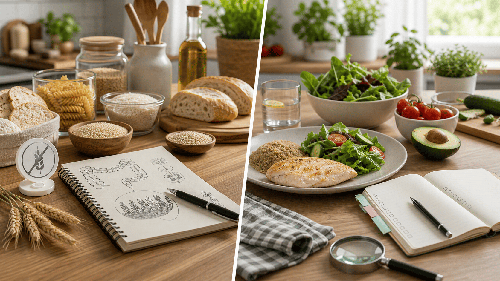 A split kitchen illustration comparing gluten-free medical needs with ingredient and label checks.