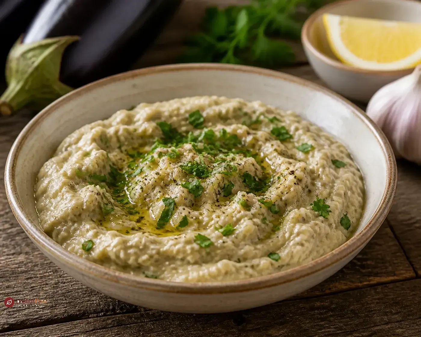 חתיכות חציל קלוי עם טחינה ועשבי תיבול על צלחת הגשה