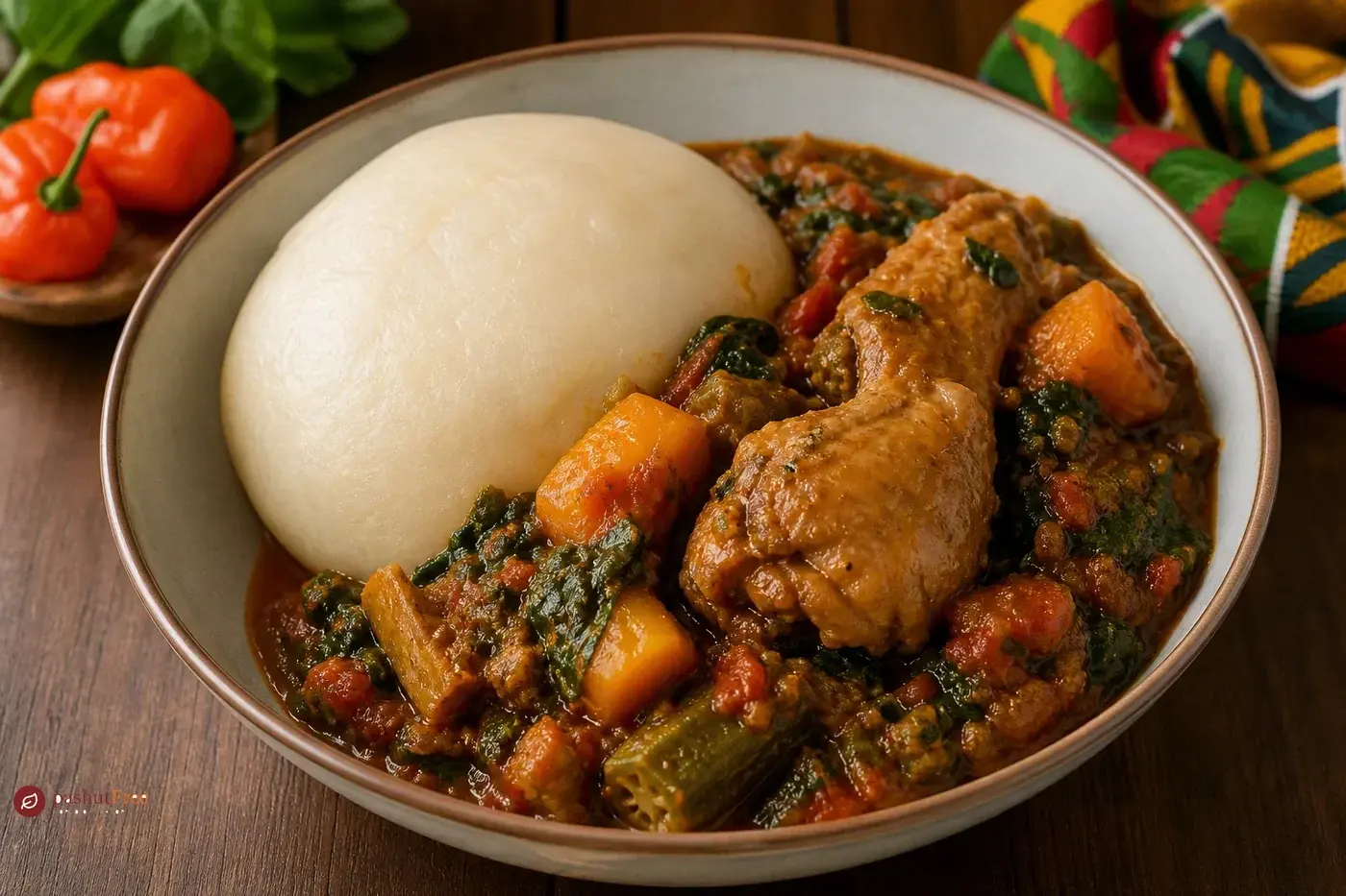 Fufu with Vegetable Stew and Chicken כמנה ביתית מוכנה
