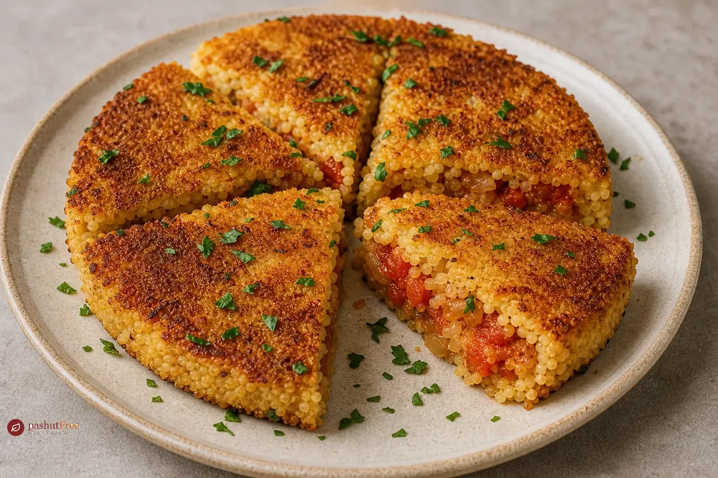 מאפה קוסקוס פריך עם עגבניות ובצל על צלחת הגשה