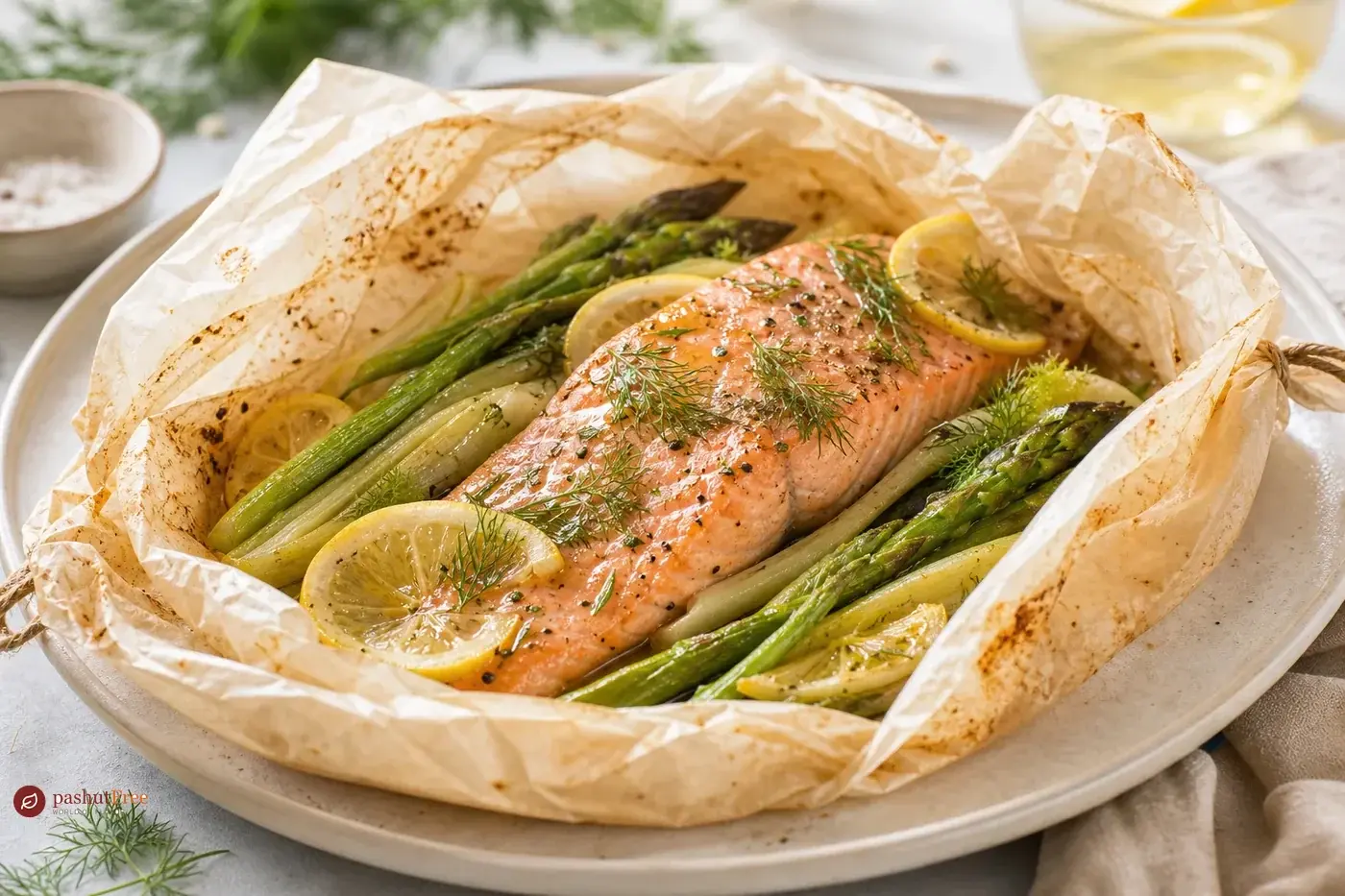 Baked Salmon with Spring Vegetables in Parchment כמנה ביתית מוכנה