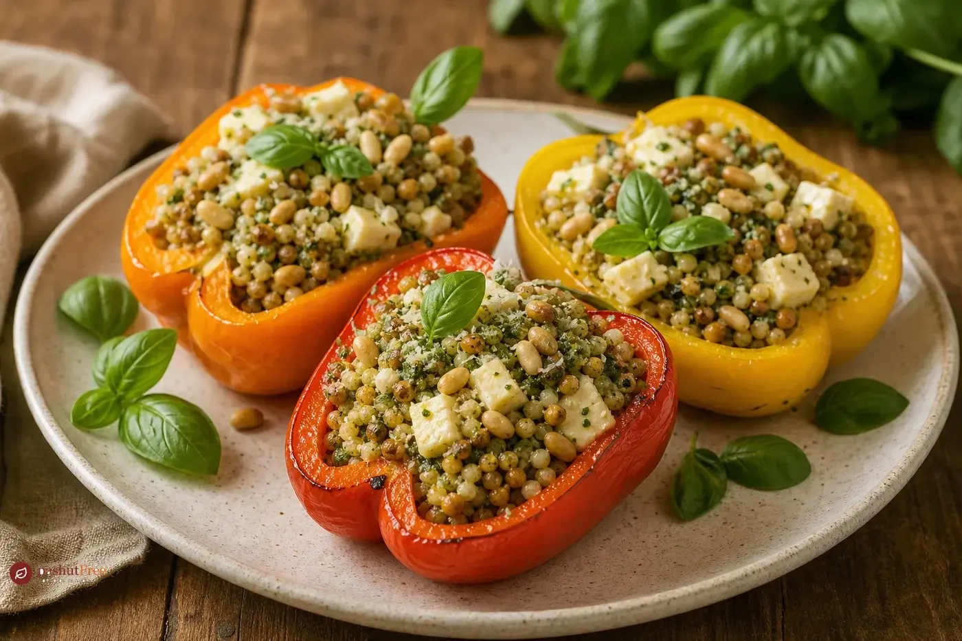 Colorful Stuffed Peppers with Roasted Ptitim and Basil Pesto כמנה ביתית מוכנה